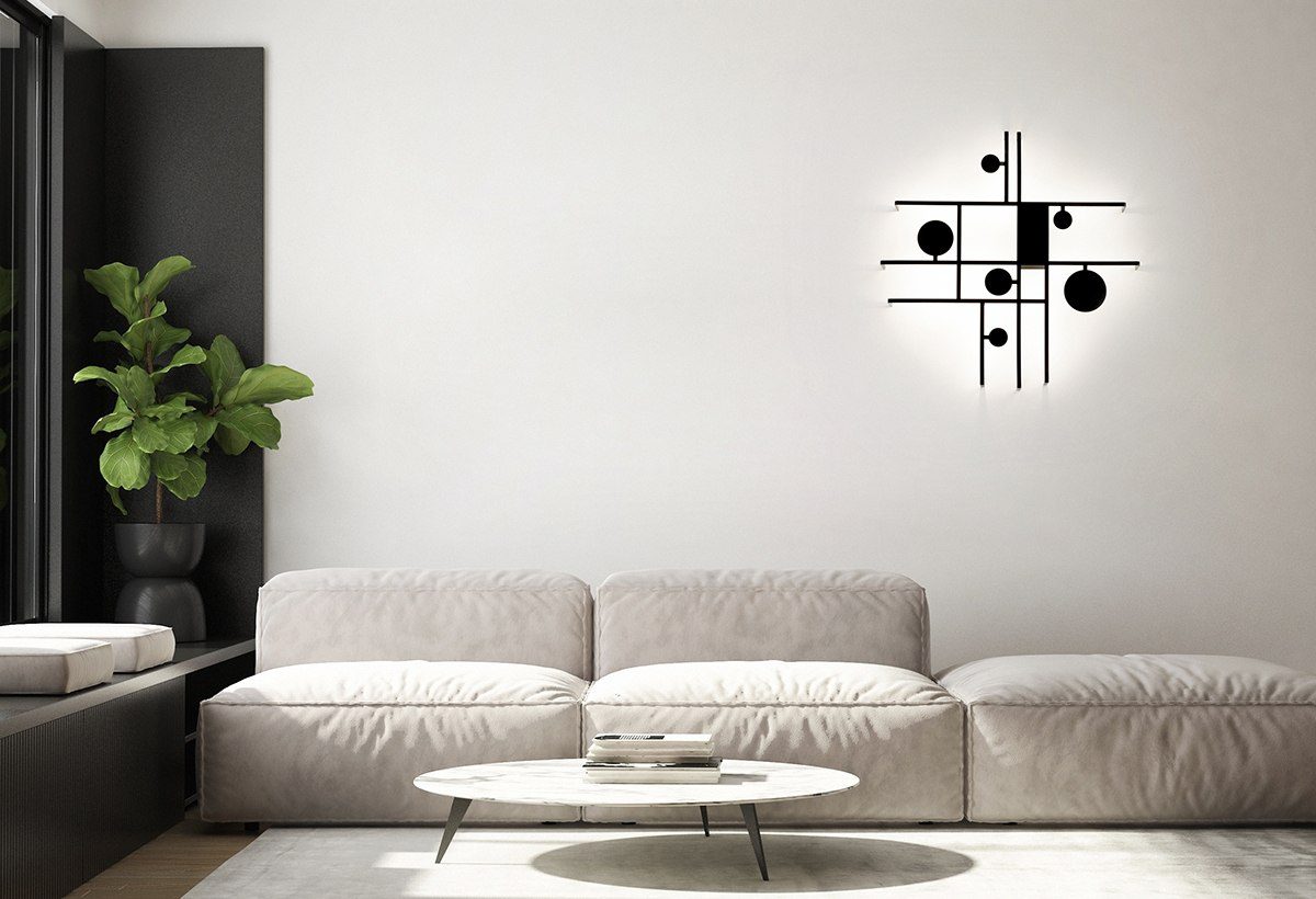 Moderne Axolight Manifesto Designer-Leuchten in skandinavischem Wohnzimmer-Interieur mit Poster-Rahmen.