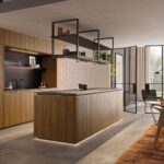 Grifflose Rotpunkt Küche mit eleganten Holzfronten und moderner Arbeitsplatte.