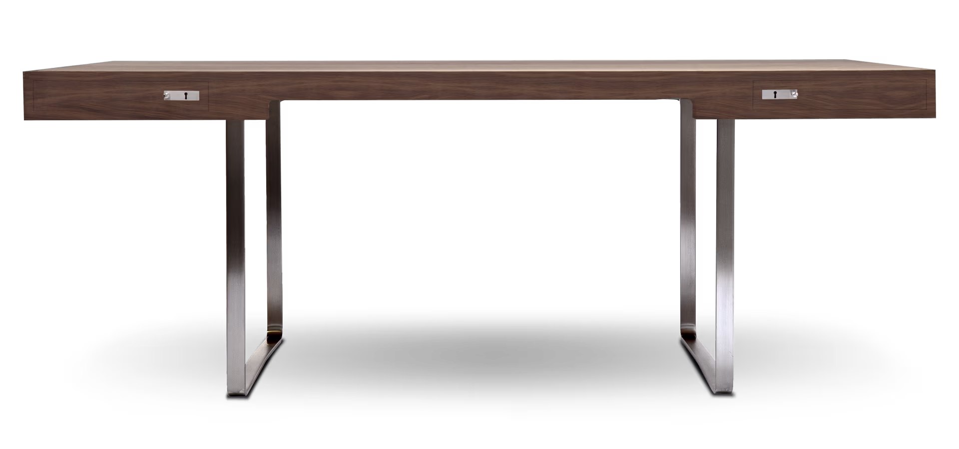 CH110 Schreibtisch aus geöltem Walnussholz mit eleganten Edelstahlbeinen im skandinavischen Design.