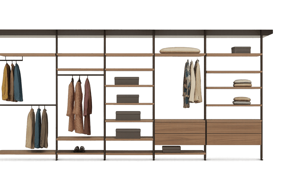 Moderner begehbarer Kleiderschrank Novel von Kristalia mit offenem Design für stilvolle Wohnräume.