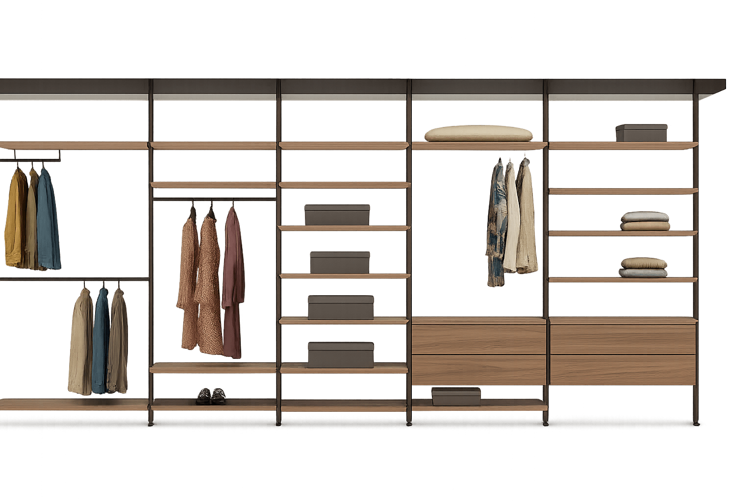 Moderner begehbarer Kleiderschrank Novel von Kristalia mit offenem Design für stilvolle Wohnräume.