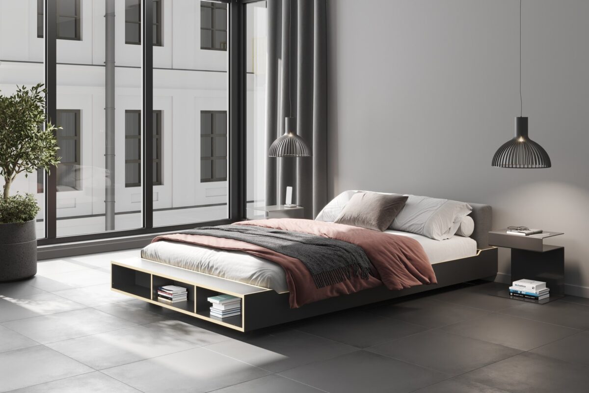 Modernes Massivholzbett Maude 26 mit gepolstertem Kopfteil für stilvolle Schlafzimmer.