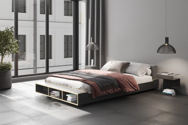 Modernes Massivholzbett Maude 26 mit gepolstertem Kopfteil für stilvolle Schlafzimmer.