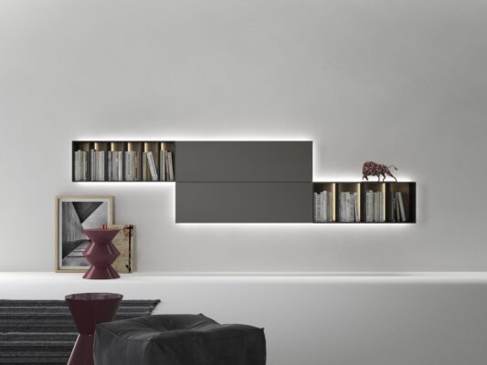 Caccaro Wandregal in Holzoptik für moderne Wohnräume mit integrierter Wandverkleidung.