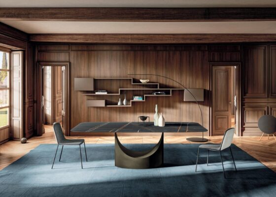 Eleganter Lago U4 Esstisch mit schwebender Glasplatte und minimalistischem Metallgestell für moderne Esszimmer.