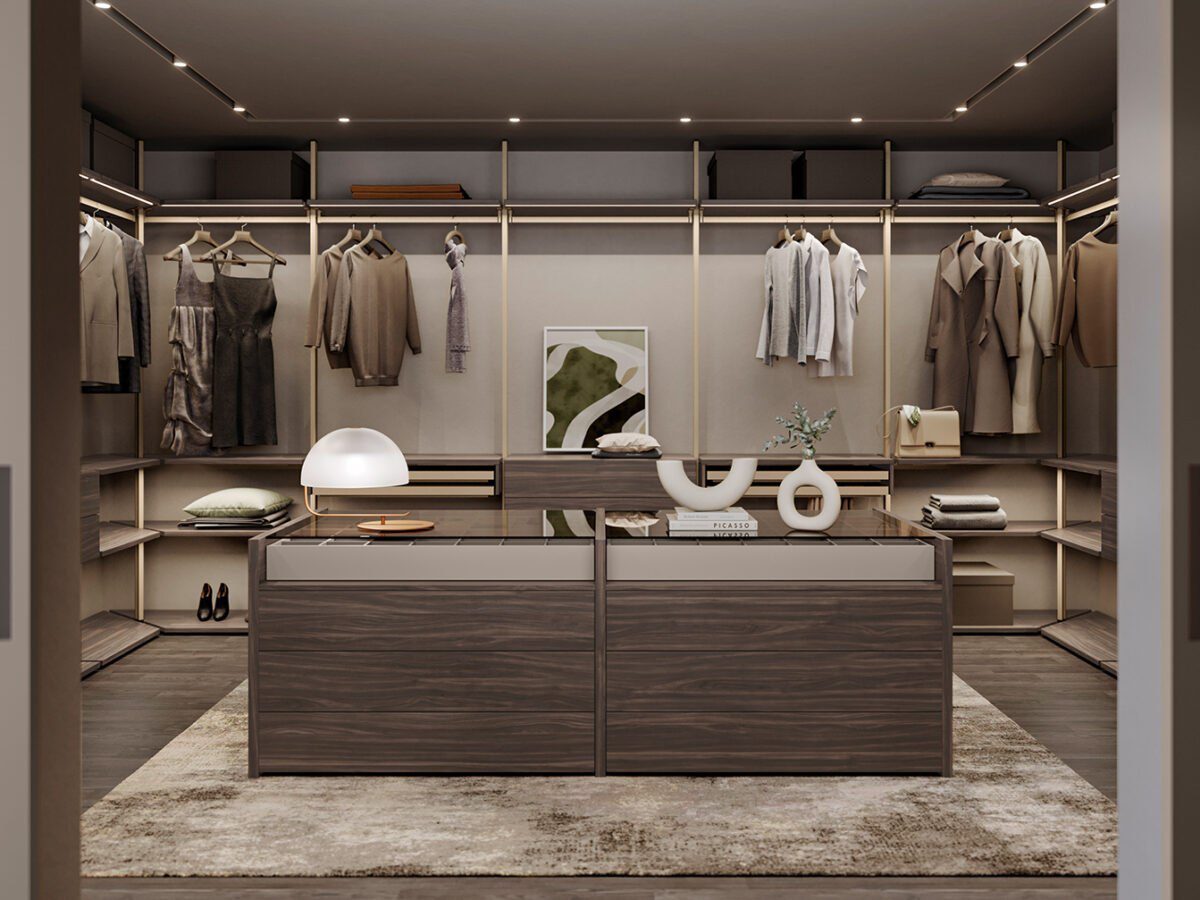 Eleganter begehbarer Kleiderschrank mit offenen Regalen und Schubladen in modernem Design von Olivieri.