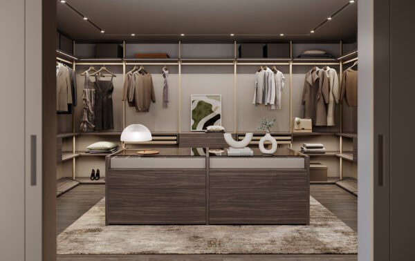 Eleganter begehbarer Kleiderschrank mit offenen Regalen und Schubladen in modernem Design von Olivieri.