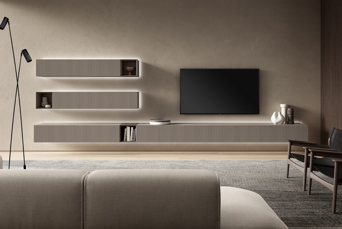 Moderne Olivieri Cube 6 Wohnwand mit geometrischen Elementen in elegantem Design.