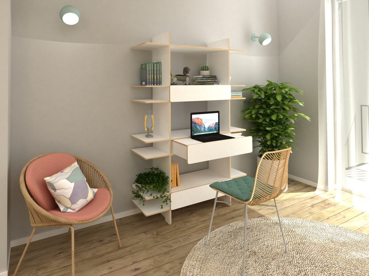Multifunktionales Pagoda Regal mit integriertem Schreibtisch für moderne Wohn- und Arbeitsräume.
