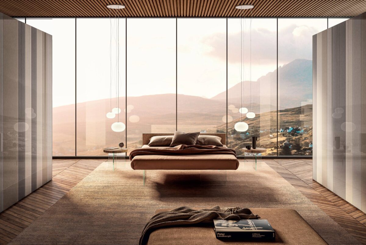Modernes schwebendes Lago Air Bett mit minimalistischem Design im eleganten Schlafzimmer.