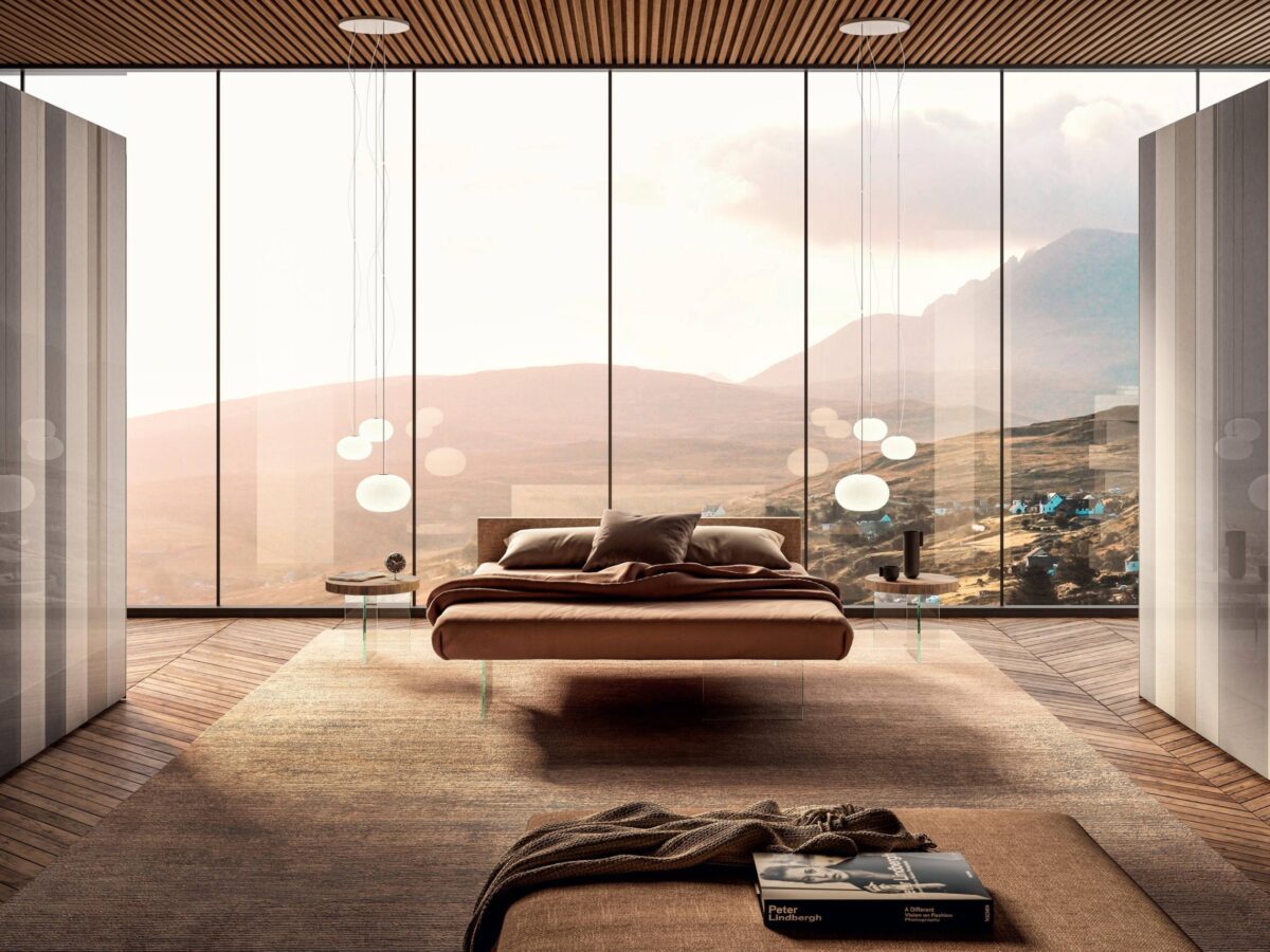 Modernes schwebendes Lago Air Bett mit minimalistischem Design im eleganten Schlafzimmer.