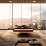 Modernes schwebendes Lago Air Bett mit minimalistischem Design im eleganten Schlafzimmer.