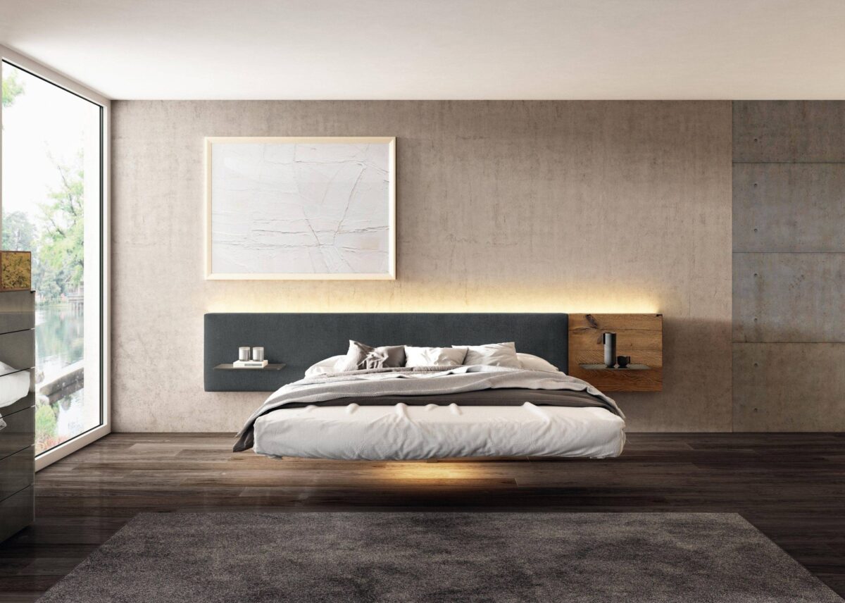 Modernes schwebendes Lago Fluttura Designer-Bett in minimalistischem Stil für elegante Schlafzimmer.