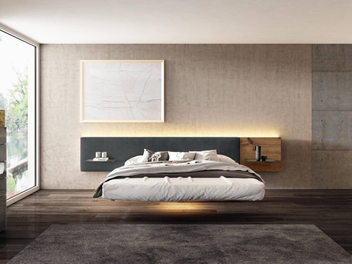 Modernes schwebendes Lago Fluttura Designer-Bett in minimalistischem Stil für elegante Schlafzimmer.