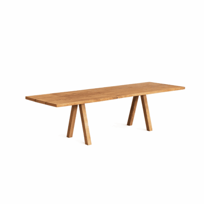 Moderner Papilio Esstisch mit geschwungener Tischplatte und schwarzen Metallbeinen von Vitamin Design.