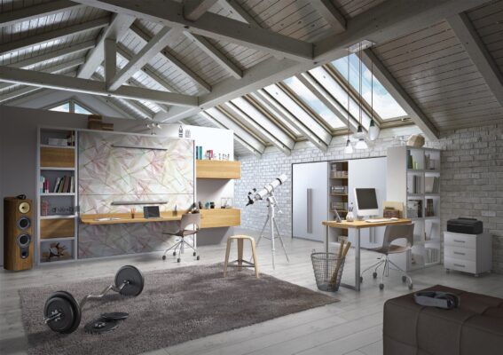 Modernes Jugendzimmer mit platzsparendem Klappbett und integriertem Schreibtisch von Wallbed Italia.