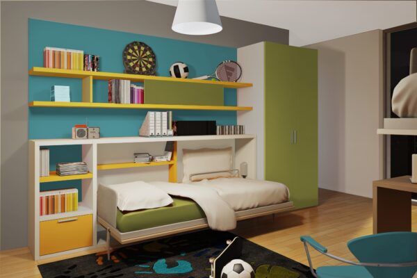 Modernes Jugendzimmer mit platzsparendem Klappbett und integriertem Stauraum von Wallbed Italia.