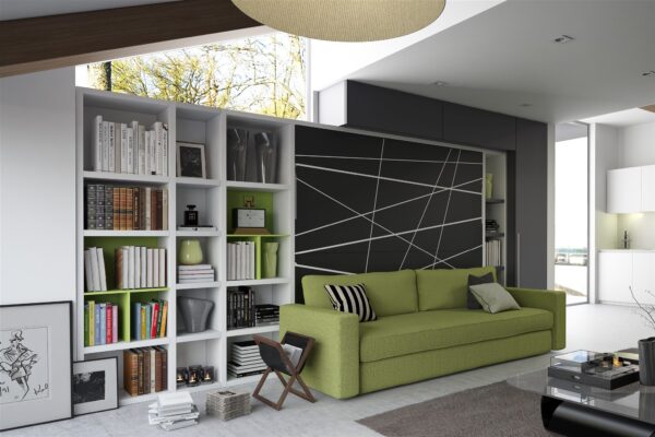 Platzsparendes Schrankbett mit ausklappbarem Sofa in modernem Design für kleine Wohnräume.
