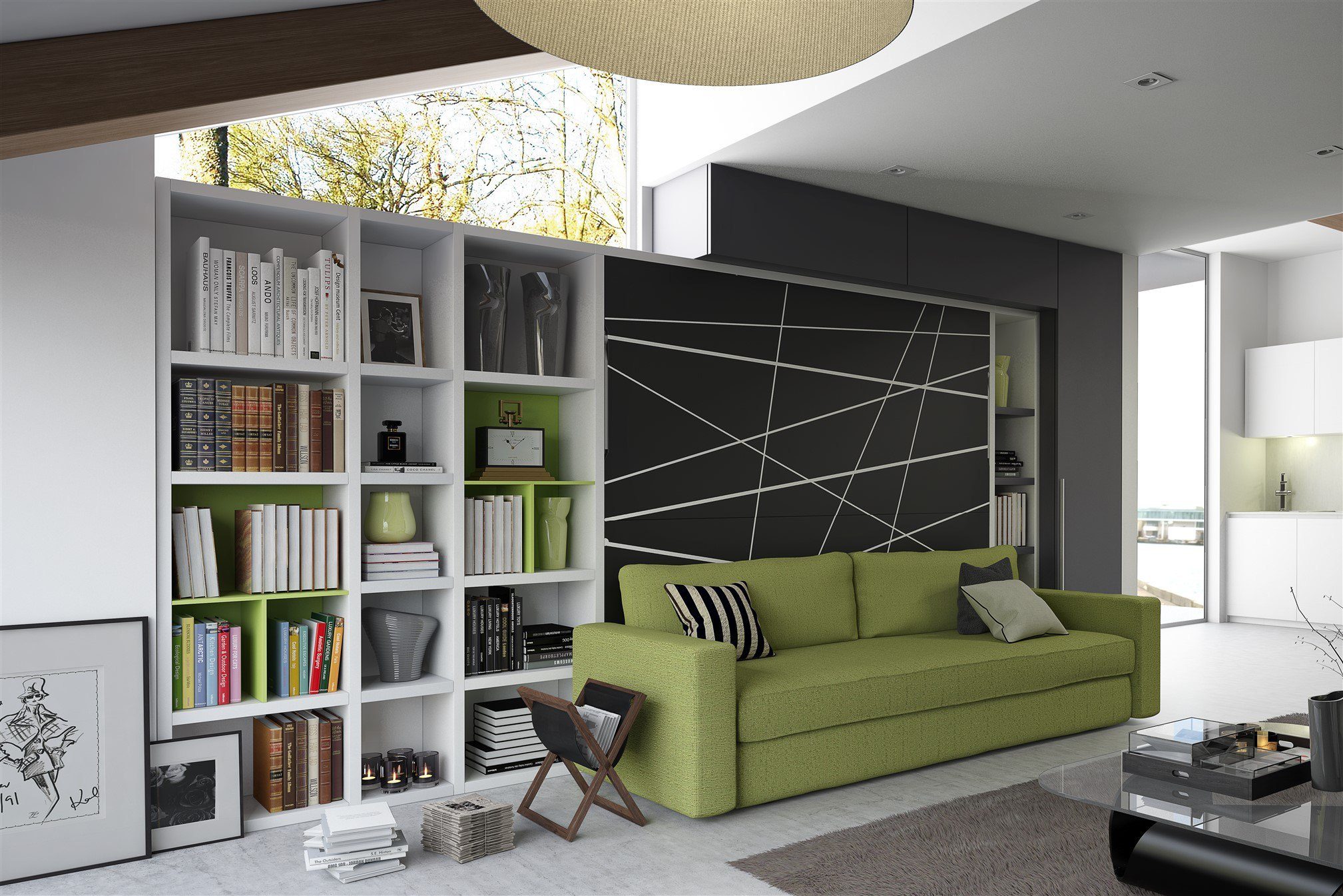 Platzsparendes Schrankbett mit ausklappbarem Sofa in modernem Design für kleine Wohnräume.