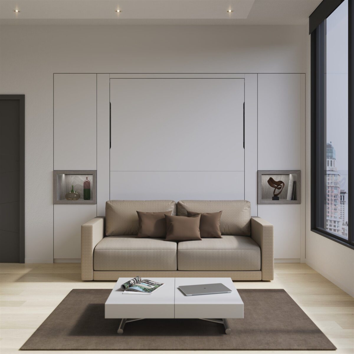Platzsparende Schrankbett-Sofa-Kombination von Wallbed Italia für moderne Wohnräume.