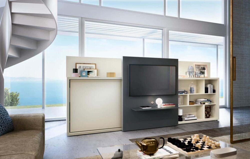 Clei Poppi Theatre: Platzsparendes Schrankbett mit integriertem Sofa und Bücherregal für moderne Wohnräume.