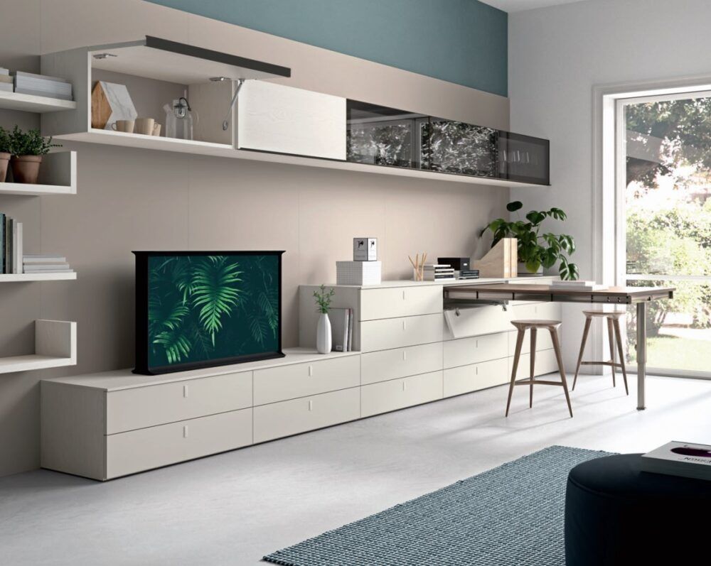 Elegante Novamobili Wohnwand mit ausklappbarem Tisch für modernes Wohnen