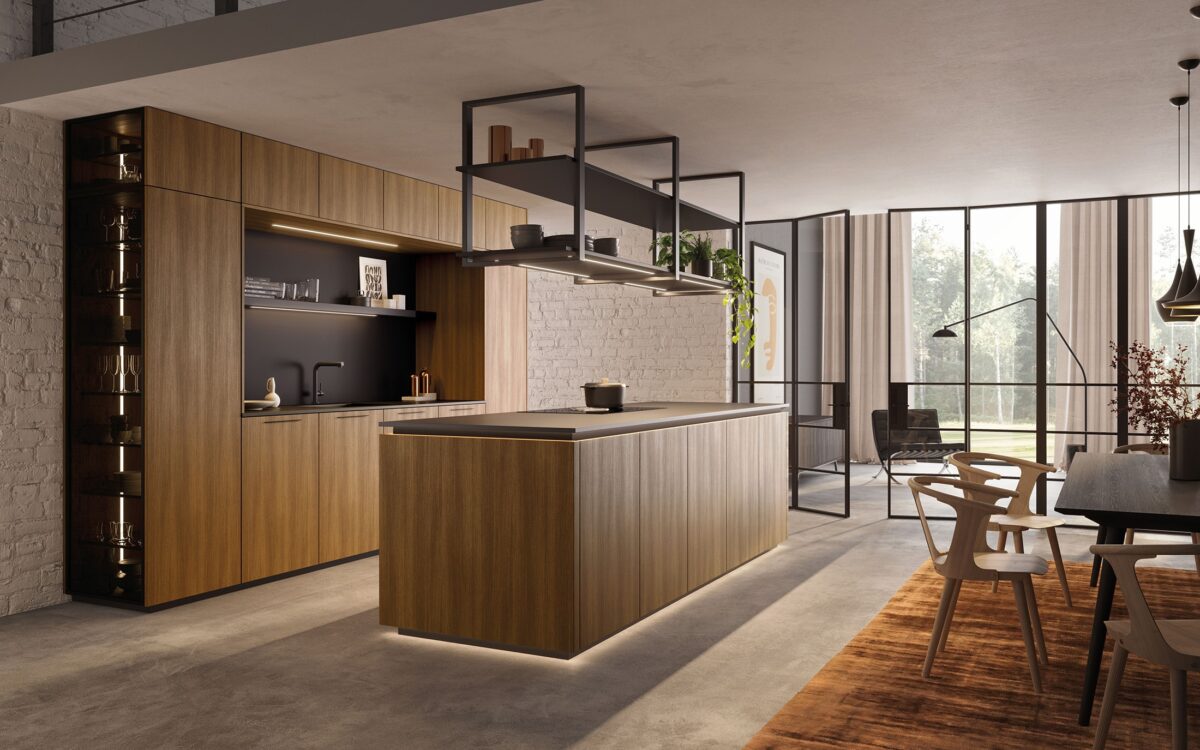 Grifflose Rotpunkt Küche mit eleganten Holzfronten und moderner Arbeitsplatte.