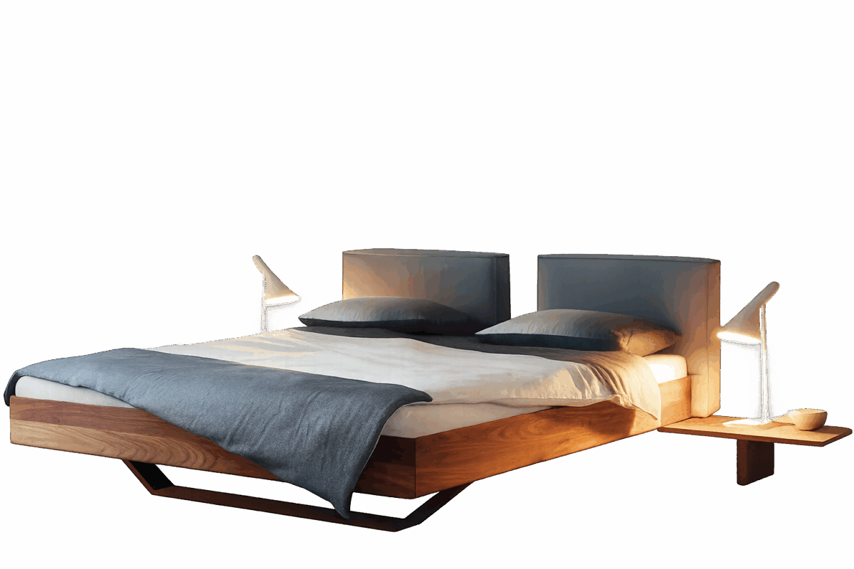 Elegantes graues Polsterbett B15 mit gepolstertem Kopfteil für stilvolle moderne Schlafzimmer.