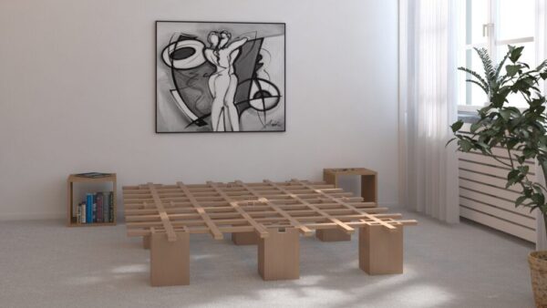 Modulares Tojo Bett-System mit flexiblen Elementen für individuell anpassbare Schlafzimmerlösungen.