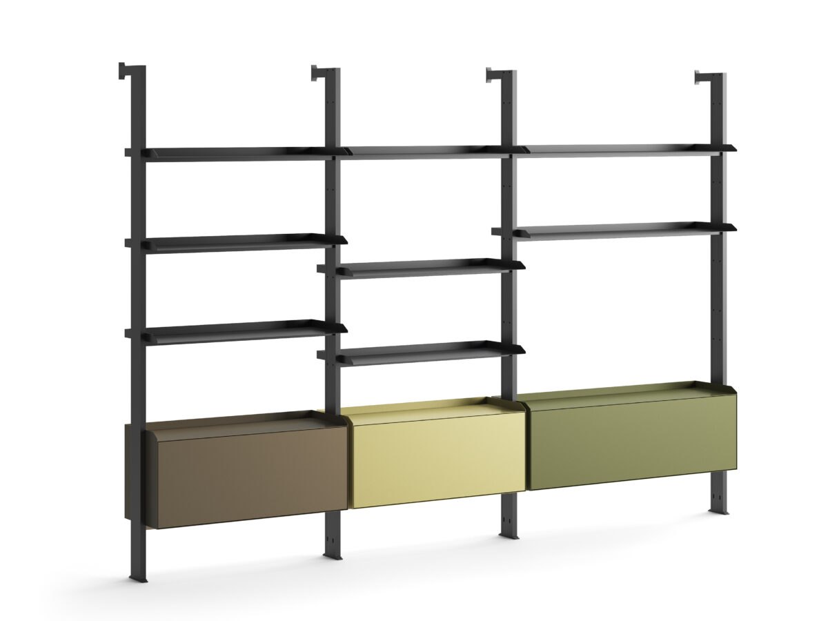 Graues Scala Wandregal B300 mit grünen Akzenten von Müller Metall, modernes Regalsystem.