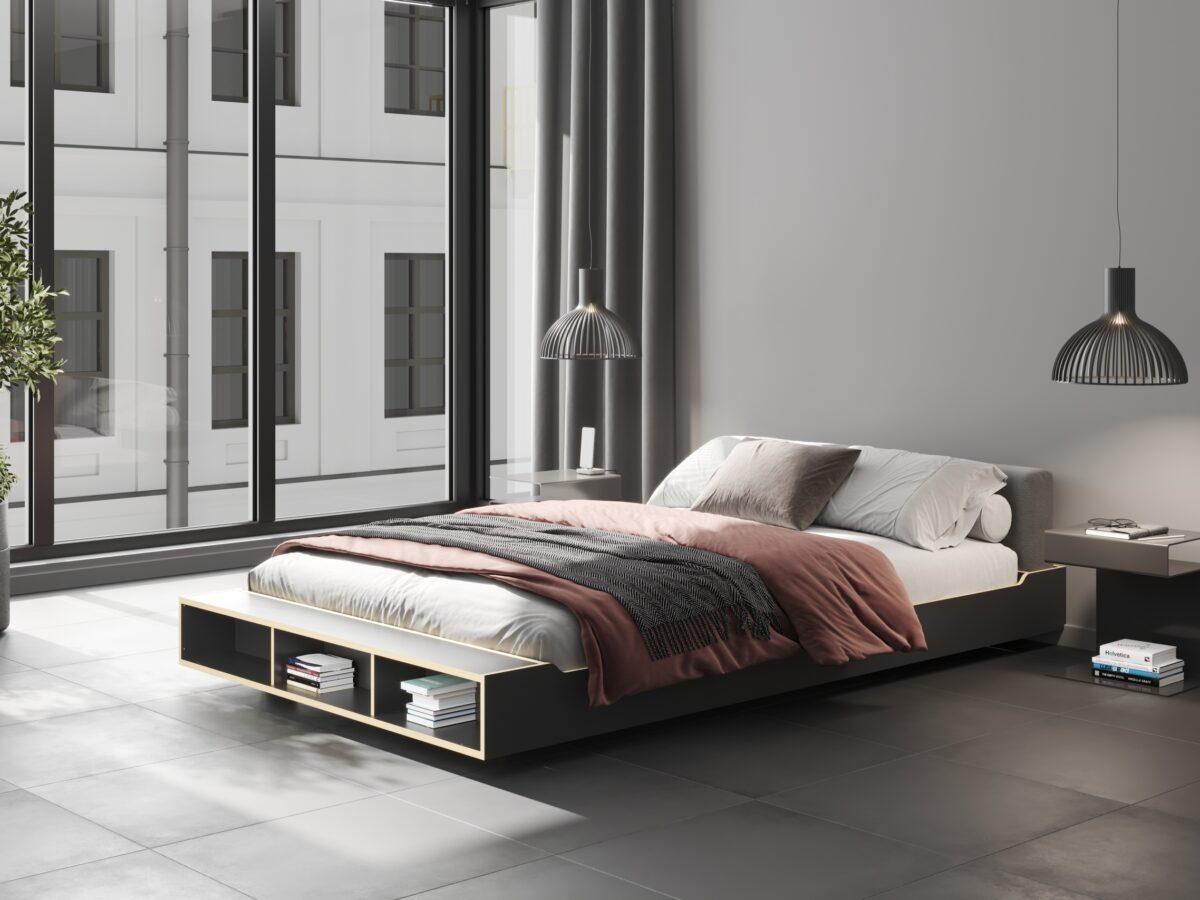 Modernes Massivholzbett Maude 26 mit gepolstertem Kopfteil für stilvolle Schlafzimmer.