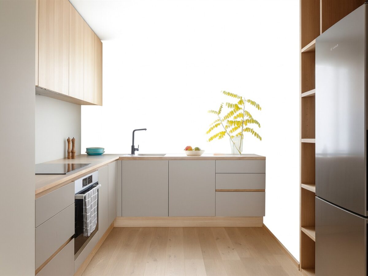 Moderne Einbauküche in frischem Mintgrün mit eleganten Fronten und hochwertiger Ausstattung.