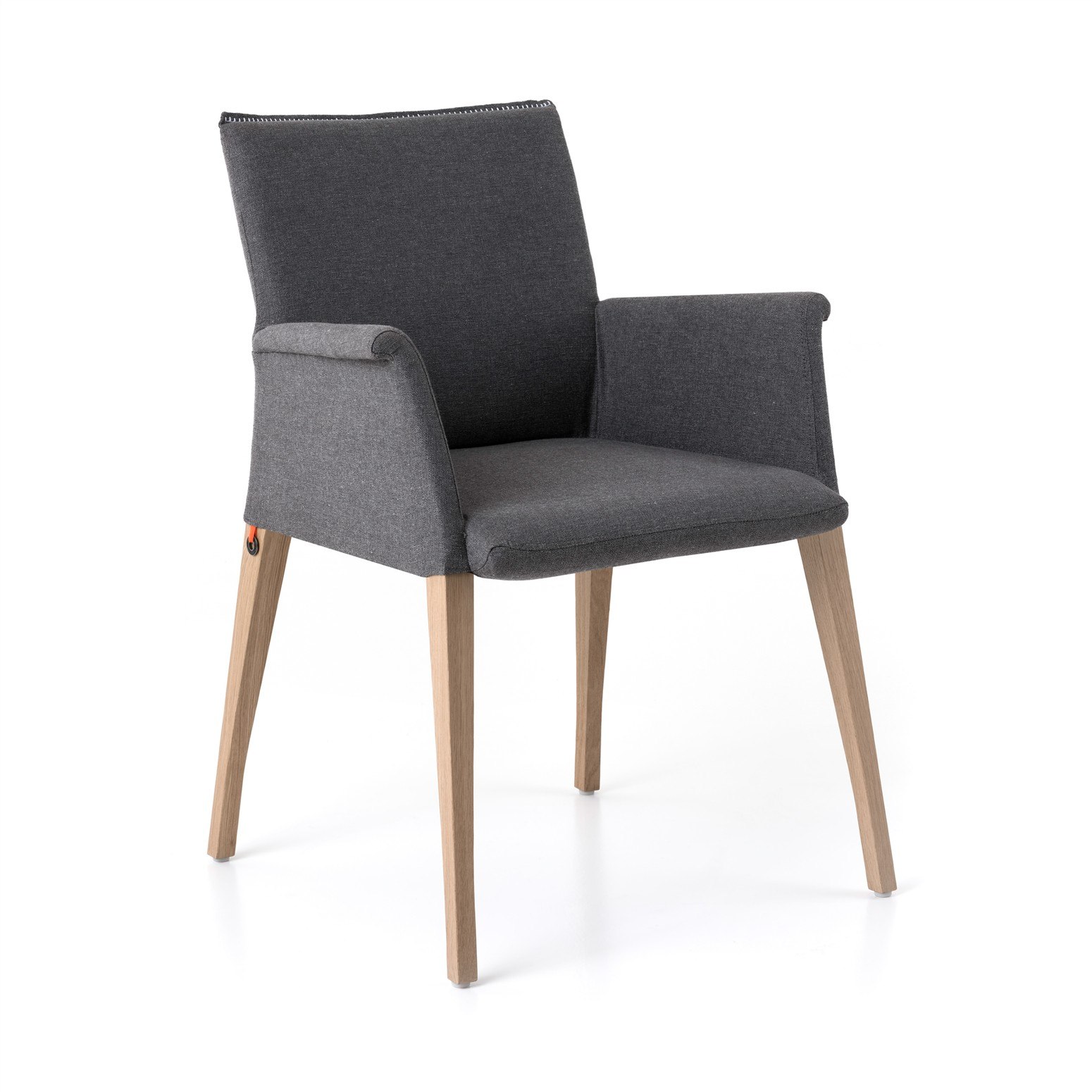Mobitec Pure Stuhl mit schlankem Metallgestell und grauer Polsterung für moderne Essräume.