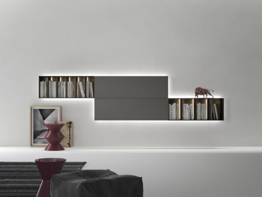 Moderne Caccaro Wandverkleidung mit integriertem Regalsystem in eleganter Holzoptik für stilvolle Wohnräume.