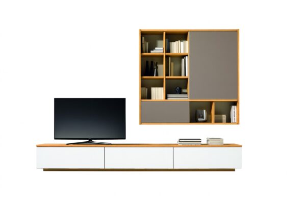 Moderne Team7 Cubus Wohnwand aus massivem Echtholz mit eleganten Regalen und Schränken.