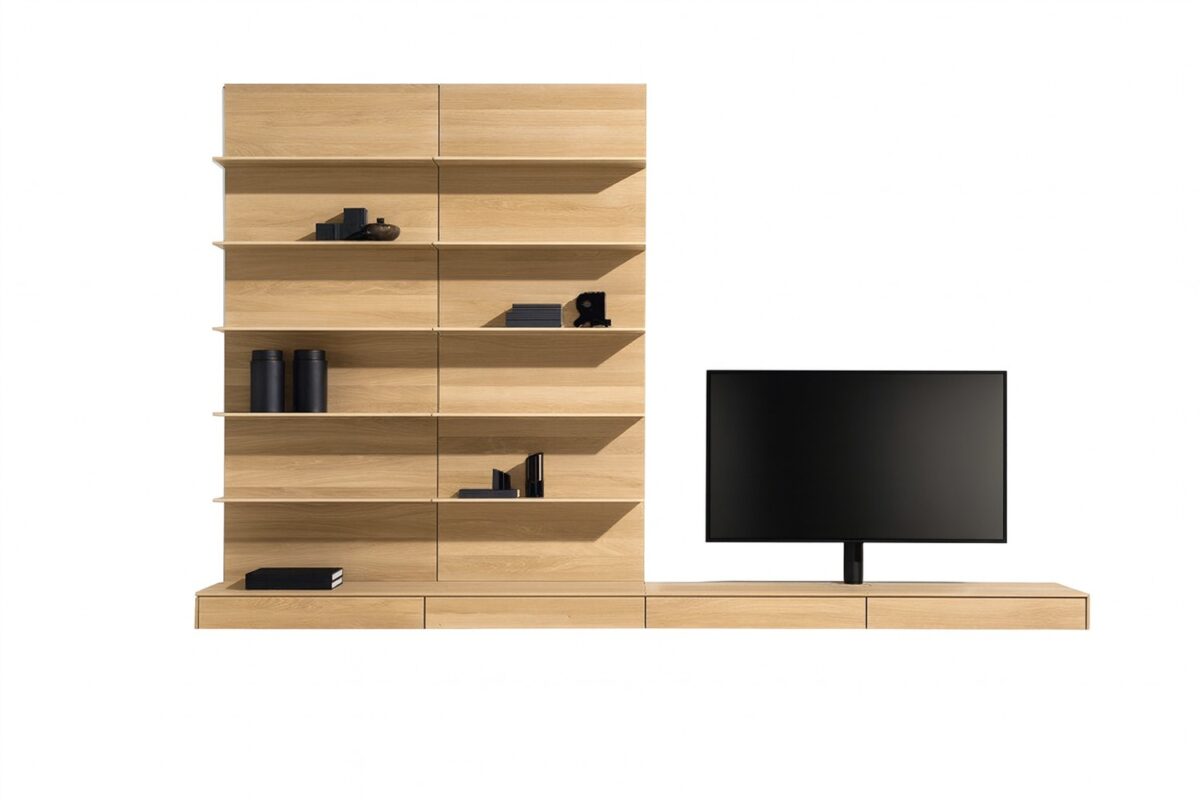 Moderne Team7 Filigno Wohnwand aus Massivholz für stilvolles Wohnzimmer-Ambiente.