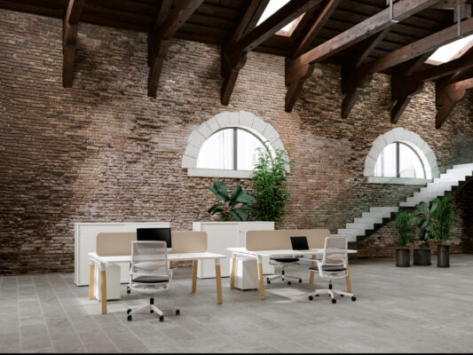 Elegante Büroeinrichtung mit Holzschreibtisch und passenden Schränken der Alea Atreo Wood 18 Kollektion.