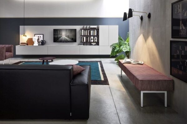 Modernes Wohnzimmer mit Novamobili TV-Möbel und eleganten Regalsystemen in minimalistischem Design.