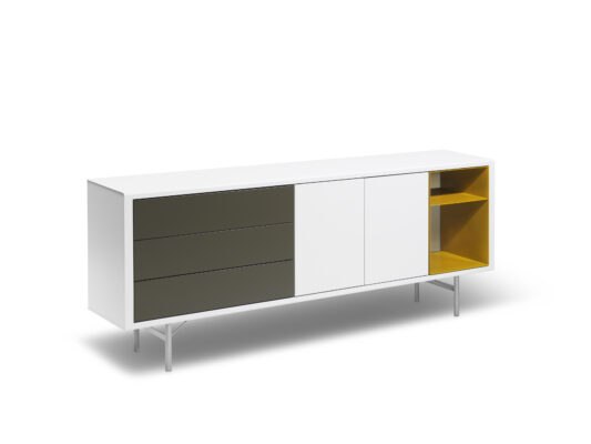 Modulares S36 Sideboard in Weiß, Beigegrau und Gelb – flexibles Design von Müller Metall Möbel