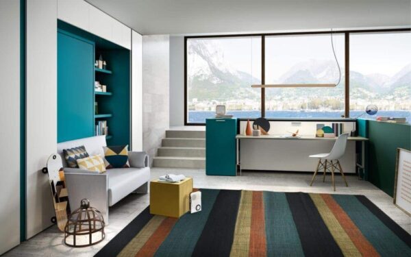 Platzsparendes Clei Cabrio In 2 Schrankbett mit integriertem Sofa für kleine Wohnungen.