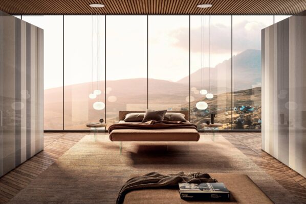Schwebendes Lago Air Bett in modernem, minimalistischem Schlafzimmer-Design.