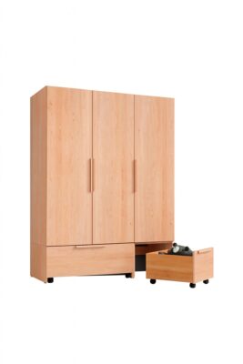 Moderner Team7 Kleiderschrank für Kinder aus Massivholz mit praktischen Fächern und Schubladen.