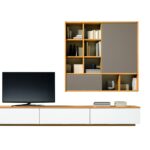 Moderne Team7 Cubus Wohnwand aus massivem Echtholz mit eleganten Regalen und Schränken.