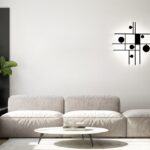 Moderne Axolight Manifesto Designer-Leuchten in skandinavischem Wohnzimmer-Interieur mit Poster-Rahmen.