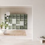 Asymmetrisches Wandregal mit geometrischen Fächern für stilvolle Dekoration und moderne Wohnraumgestaltung.