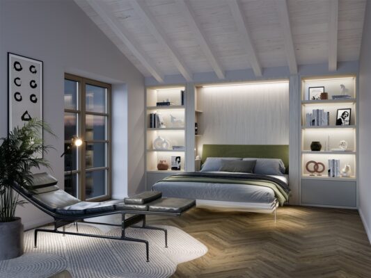 Klappbett mit integriertem Schreibtisch für platzsparendes Wohnen und Arbeiten im Home-Office.