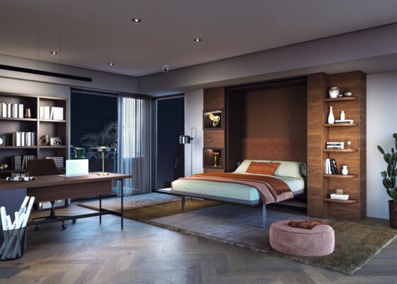 Weißes Klappbett mit integrierter Schrankwand und praktischen Staufächern für kleine Räume.