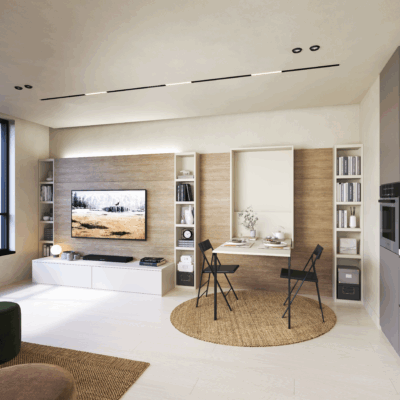 Weiße Schrankwand mit integriertem Klappbett und Regalen für platzsparende Wohnlösungen.