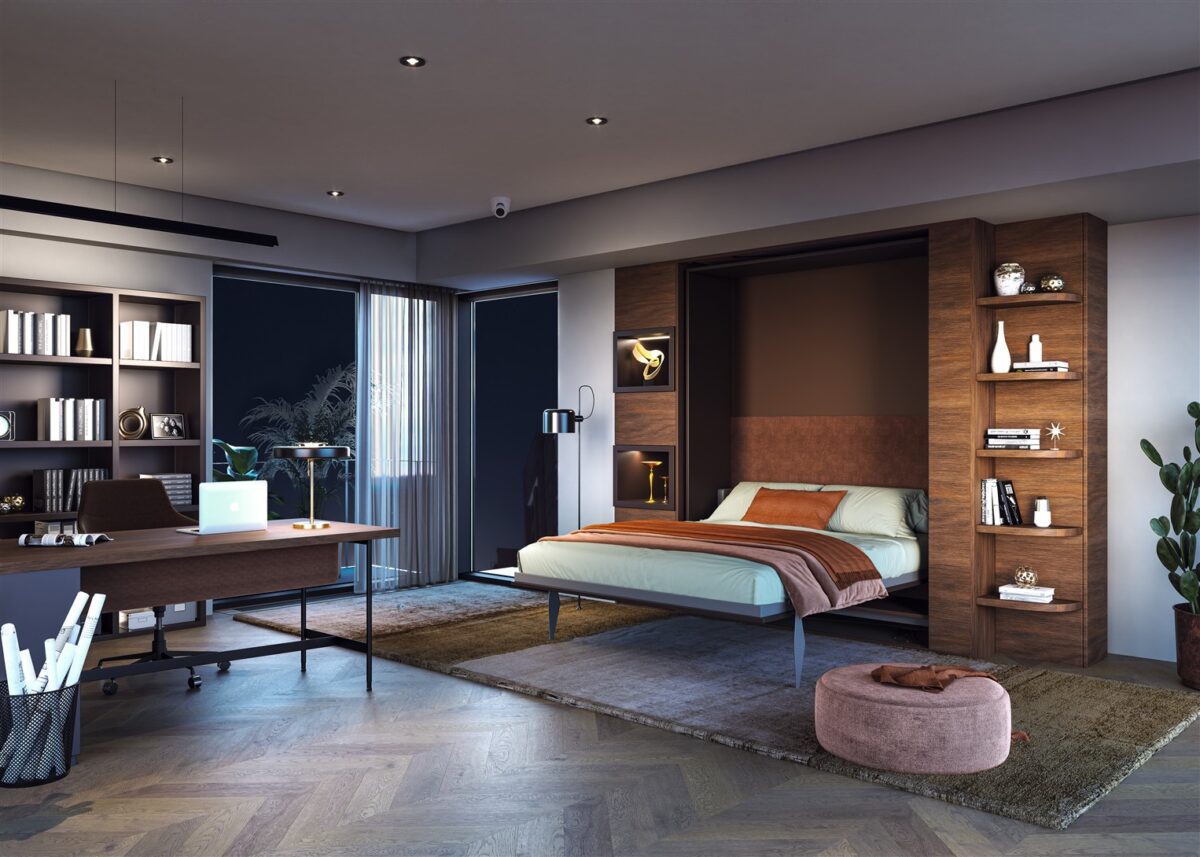 Weißes Klappbett mit integrierter Schrankwand und praktischen Staufächern für kleine Räume.