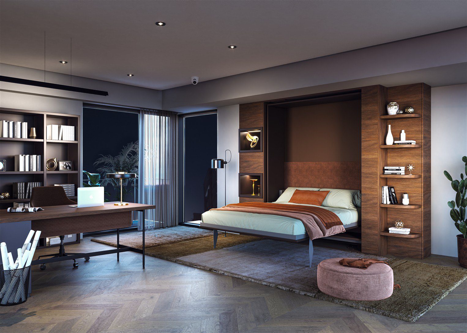 Weißes Klappbett mit integrierter Schrankwand und praktischen Staufächern für kleine Räume.